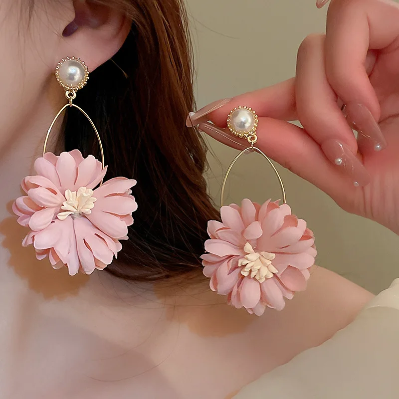 Pink fabric flower imitation pearl silver needle earrings fashion summer elegance temperament high sense earrings women