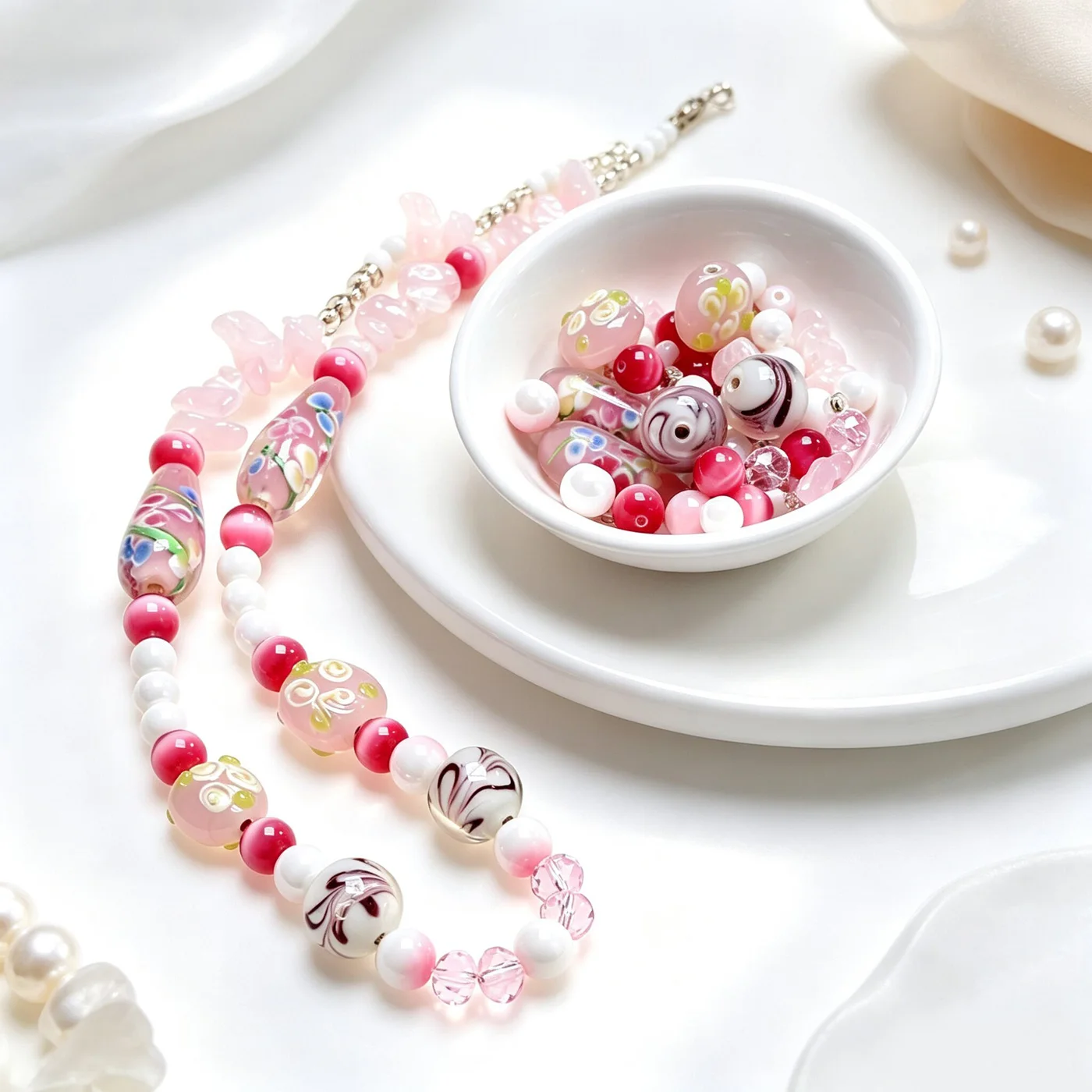 70Pcs/Set Pink Handmade Lampwork Glass Beads Mixed Flower Loose Beads For DIY Necklace Bracelet Making Jewelry Accessories