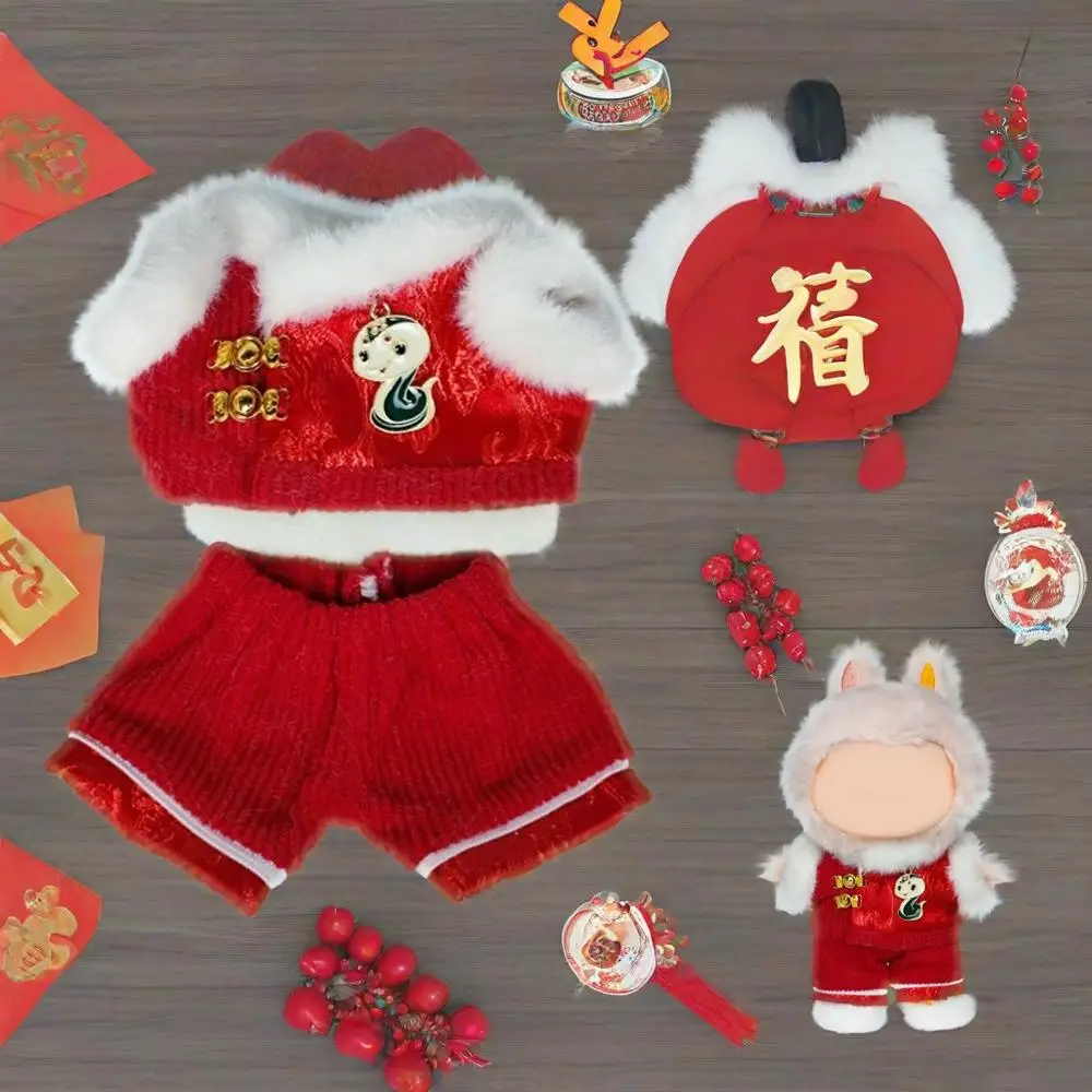 

17cm Labubu For Clothes Chinese Style Red Outfit with Cute Badge Suitable for Labubu V1 V2 Plush Doll Kawaii DIY Kid Gift