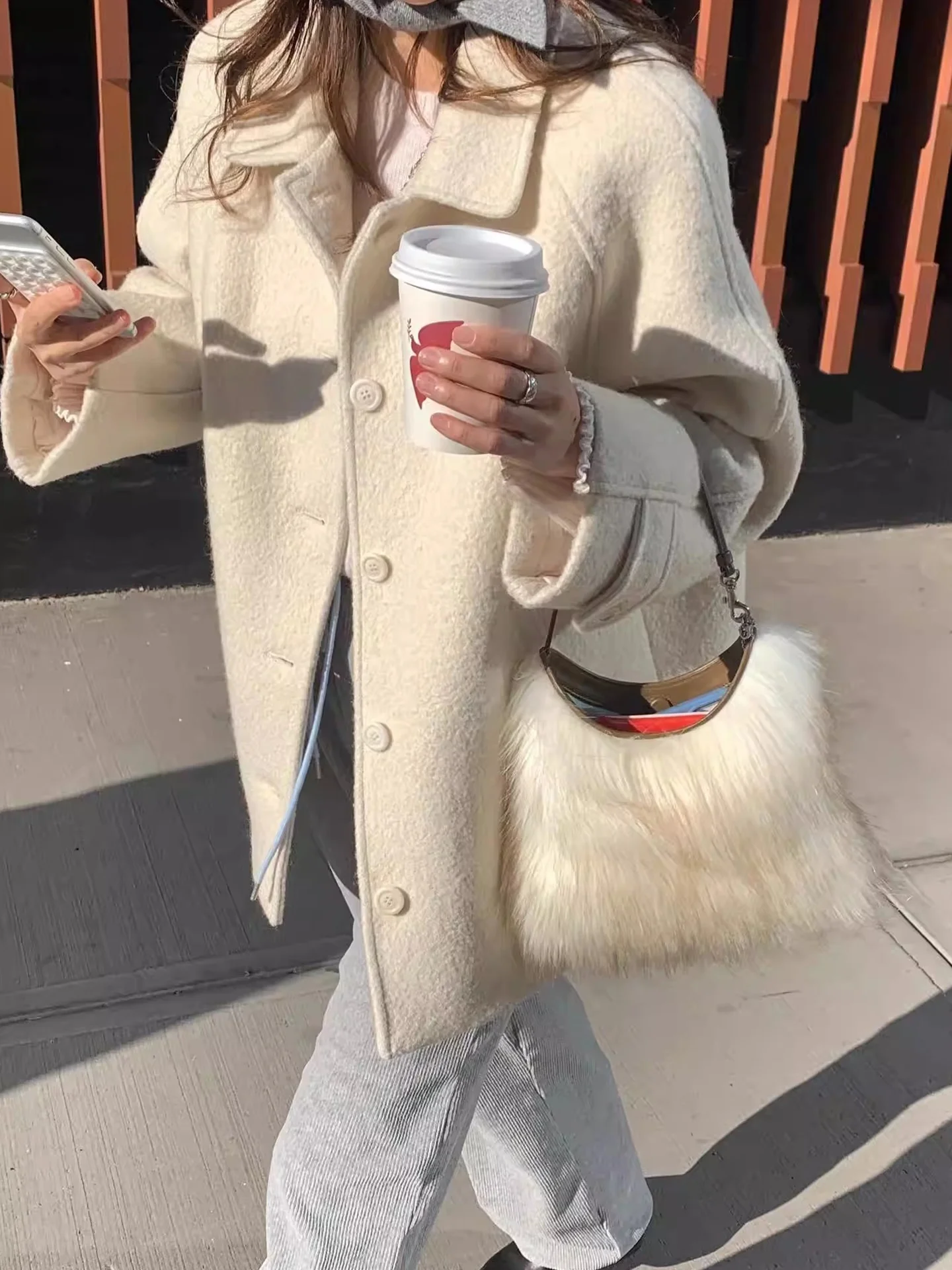 

Ele Woolen Coat Women's Single-Button Notch-Collar Winter Faion Versatile Mid-Length Korean Sle Long Sve Coat