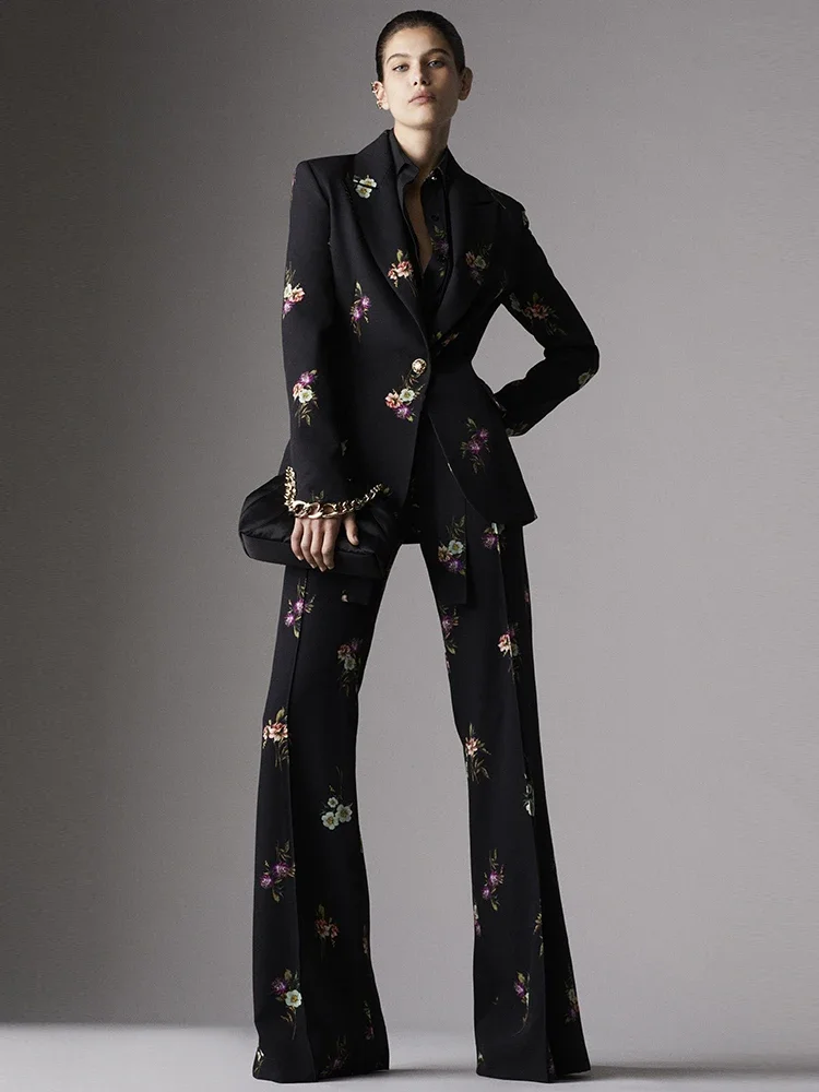 

HIGH STREET Newest Fashion 2024 Designer Suit Set Women's Elegant Floral Printed Single Button Blazer Flare Pants Suit 2pcs