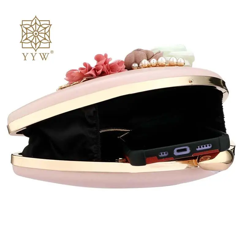 Elliptical Wedding Party Bags Women Floral Pearl Dinner Clutch Wallet Diamond Crystal Bride Evening Purse Chain Shoulder Handbag