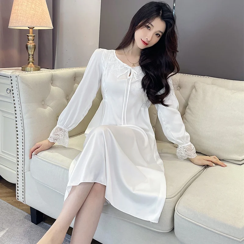 

2025 Autumn French Court Vintage Long Sleeve Silk Satin Nightgowns for Women Lace Sleepwear Night Dress Nightdress Home Nighty