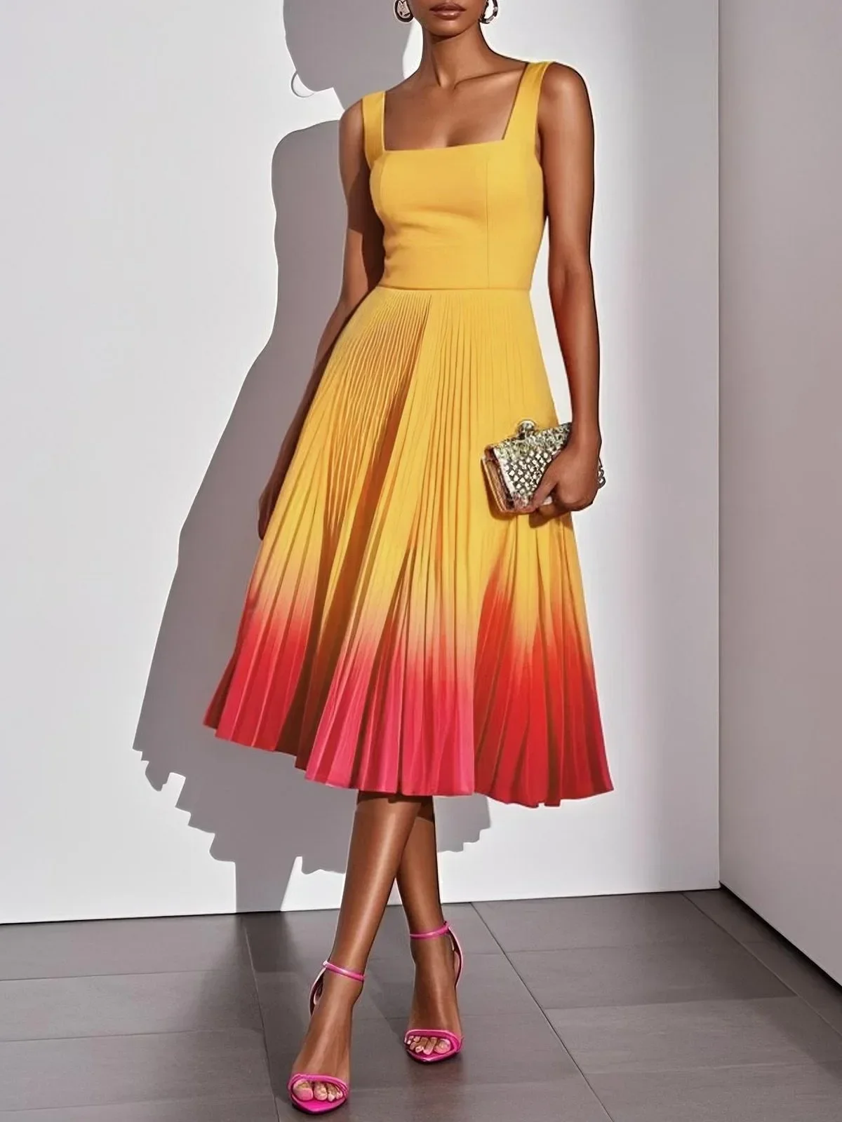Women Square Neck Sleeveless Midi Dress Gradient Pleated Skirt Formal Evening Party Dress