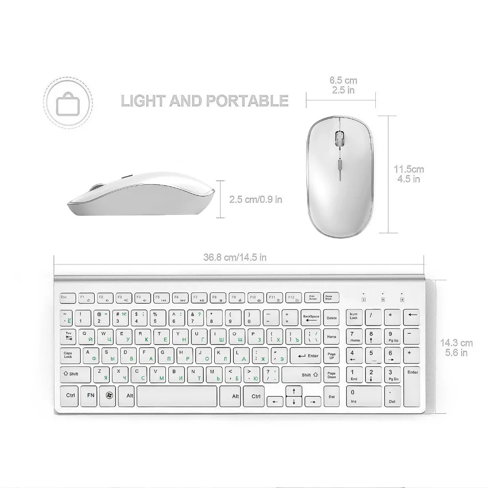 Russian layout 2.4G Wireless Keyboard and Mouse Set,Ergonomic  USB Portable slim design, full size Keyboard Mouse silver white