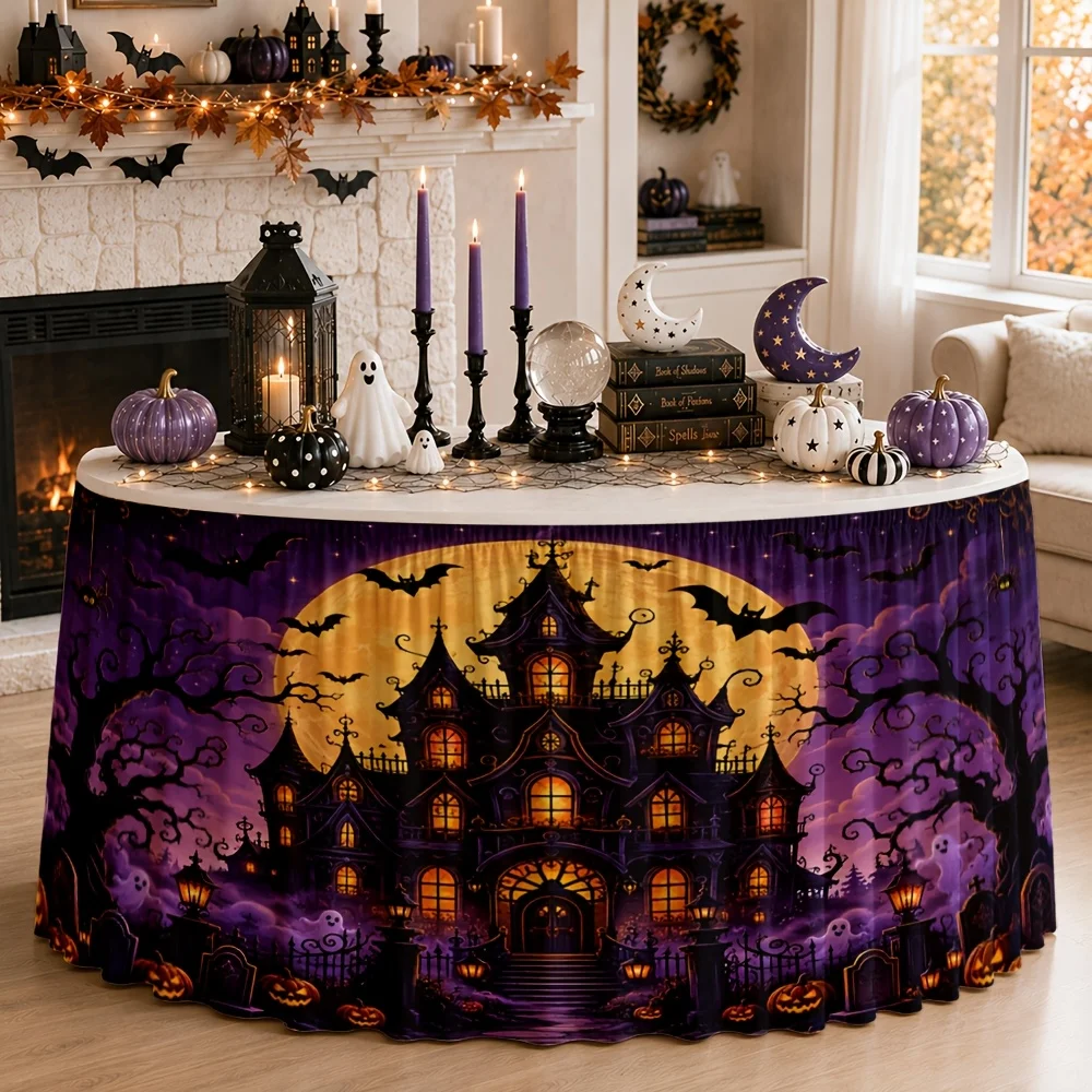 Send a set of tablecloth and table skirt (1-piece) in Halloween theme. Made of polyester. Features a ghost house design.zyc