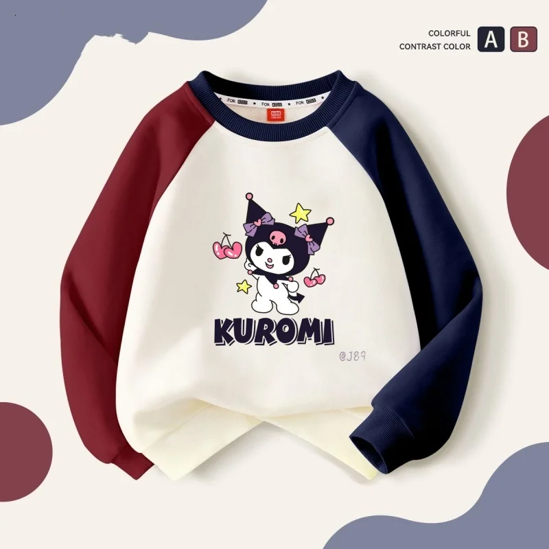 

Осенняя одежда для маленьких девочек, детский свитшот Sanrio Kuromi с мультяшным принтом и длинными рукавами, мягкий хлопковый пуловер с круглым вырезом, топ