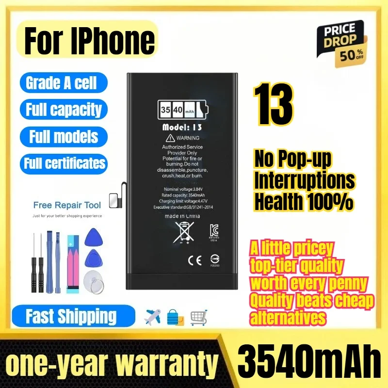 A2633/A2482/A2631 for IPhone 13 Phone Battery No Pop-up Interruptions Health 100%  Replacement Bateria Grade A Cell with Tools