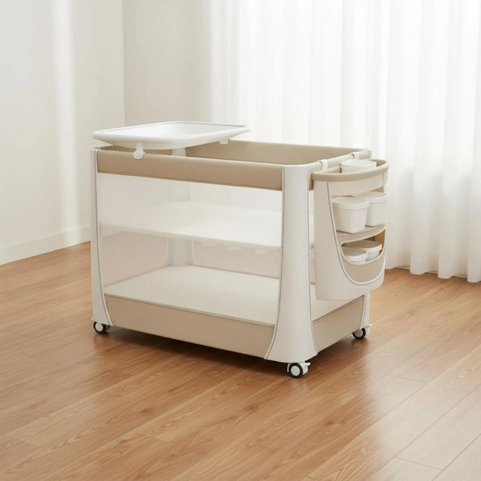 Crib Changing Table Multifunction Folding Baby Bed Baby Bassinet Playpen Mobile Bedside Crib 4 in 1 for Infants, Bedroom, Travel