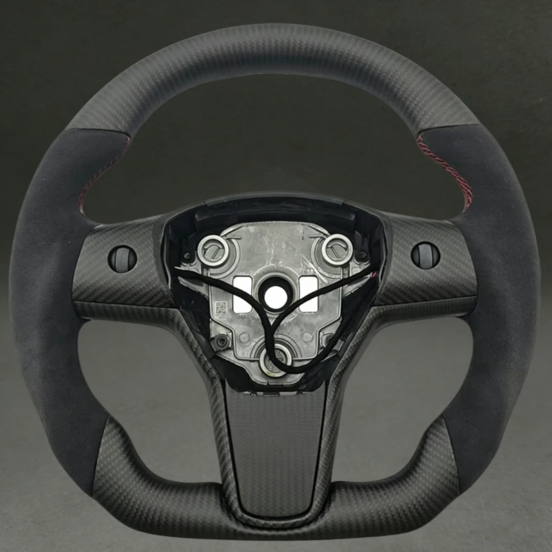 

For Model 3 Matte Carbon Fiber Steering with Red Stitching for Tesla Model 3 New Quality Sport Wheel Flat Bottom with Suede Hot