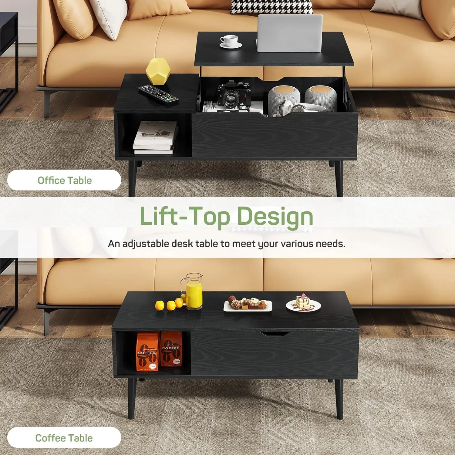 Lift Top Coffee Tables for Living Room, Small Modern Wooden Center Tables with Storage Shelf and Hidden Compartment