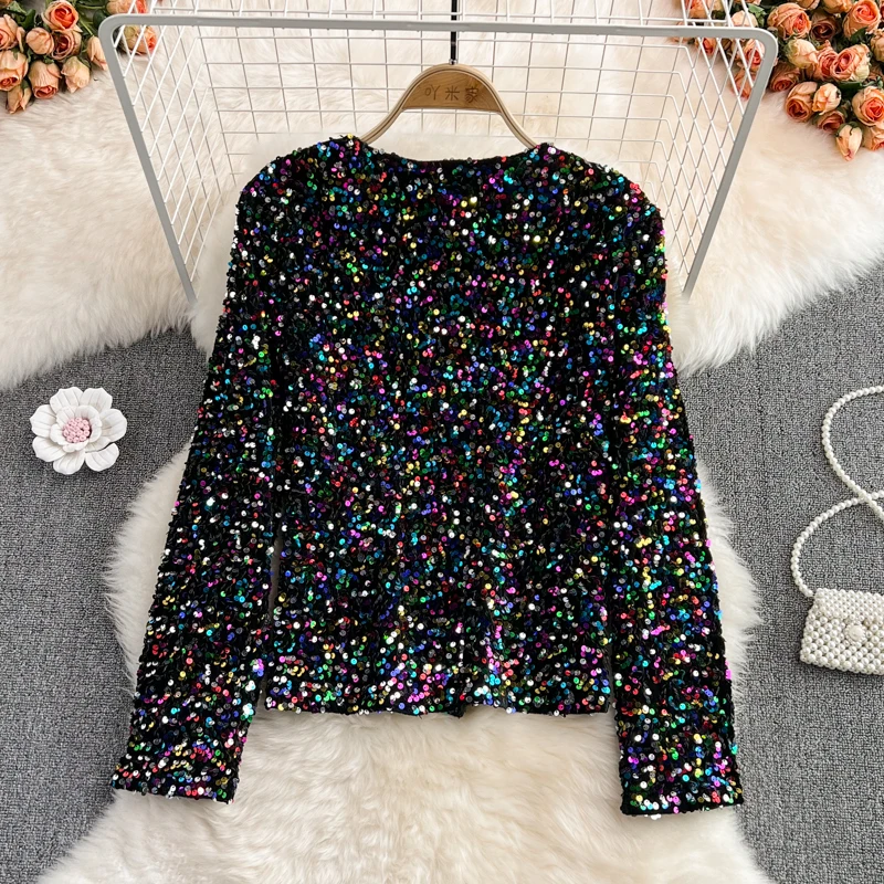 Spring Fall Women Glitters Bling Bling Cardigan Top Coat , Autumn Woman Clothing Slim Colored Sequined Tops Coats