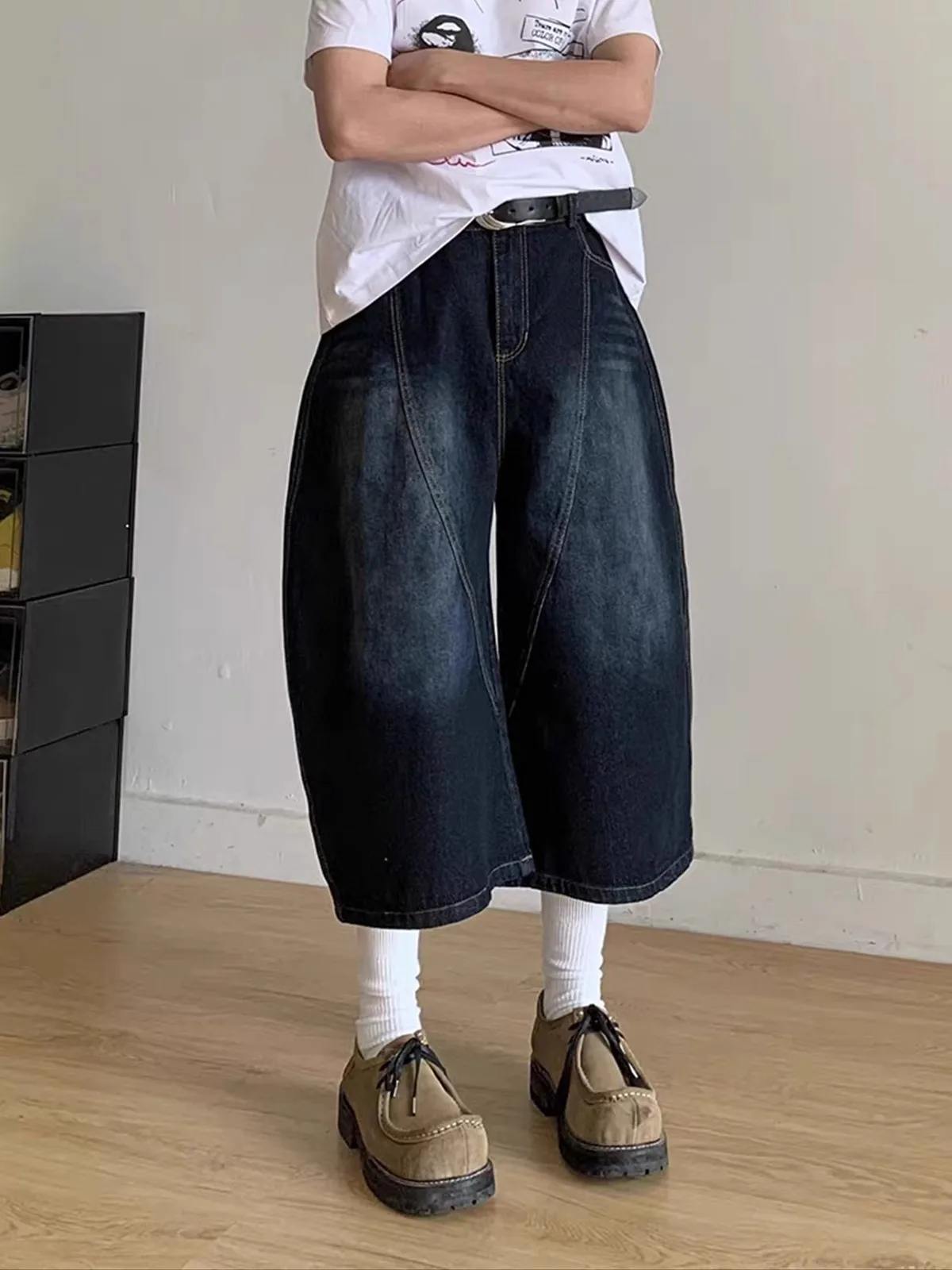 

Vintage Deep Blue Embroidered Cowboy orts Men's Summer Versatile Wide Leg Seven-Foot Pants Casual Wear Youth Faion