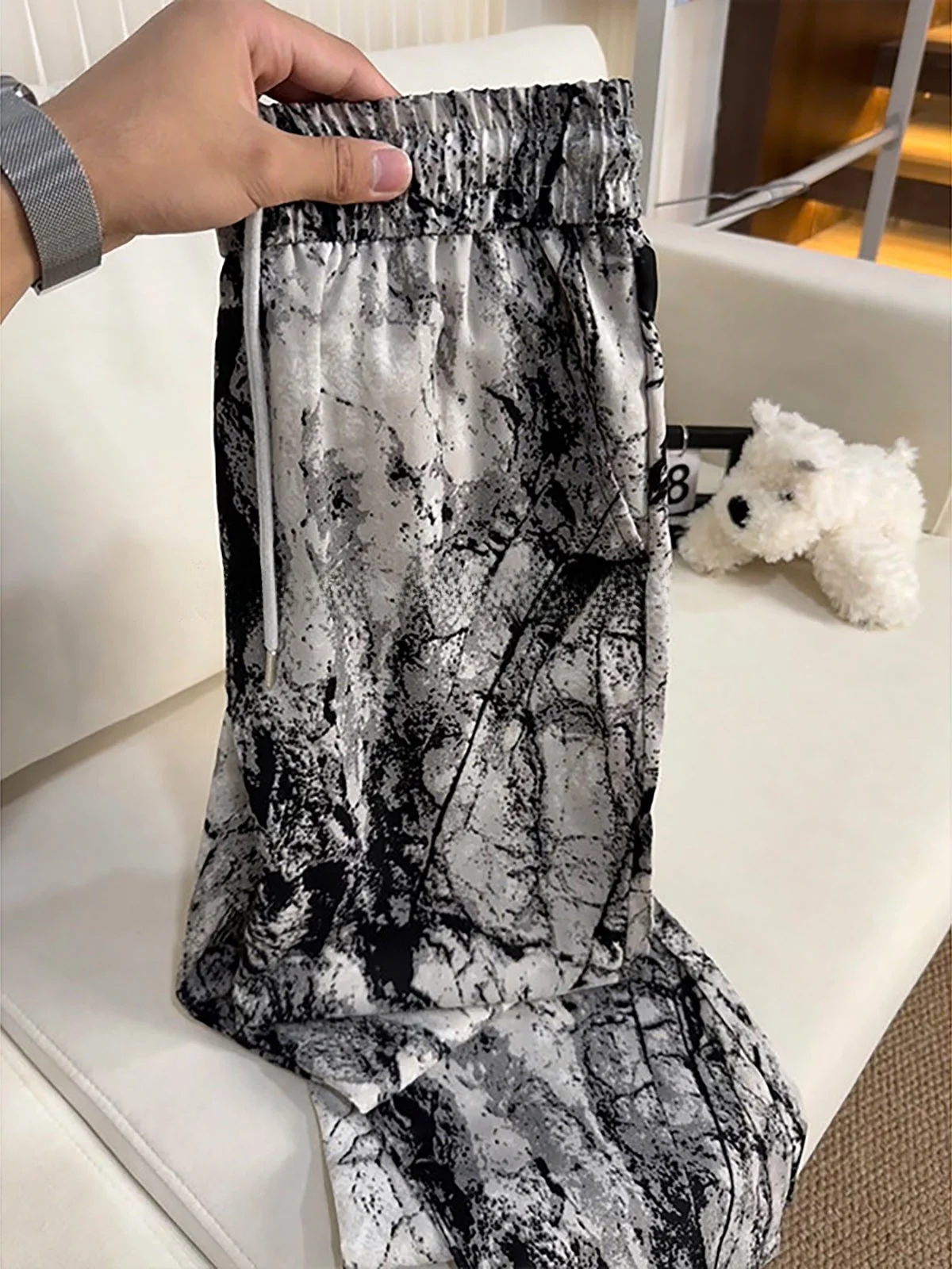 Ice Silk Tie Dye Drapey Pants Men Women Summer Thin Water Ink Print Wide Leg Elastic Waist Loose Casual Long Trousers