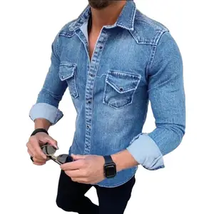 Fashion Long Sleeve Slim Fits Lapel Collar Pockets Denim Shirt Casual Men's Top denim shirts Джинсовые рубашки 2023 New