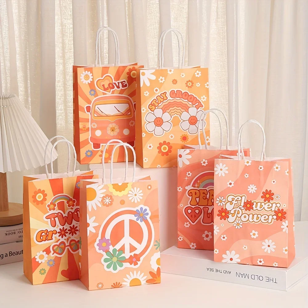 24pcs Groovy Boho Hippie Party Favor Bags Stylish Durable Paper Material Perfect for Birthday Youngsters Shower Decorations