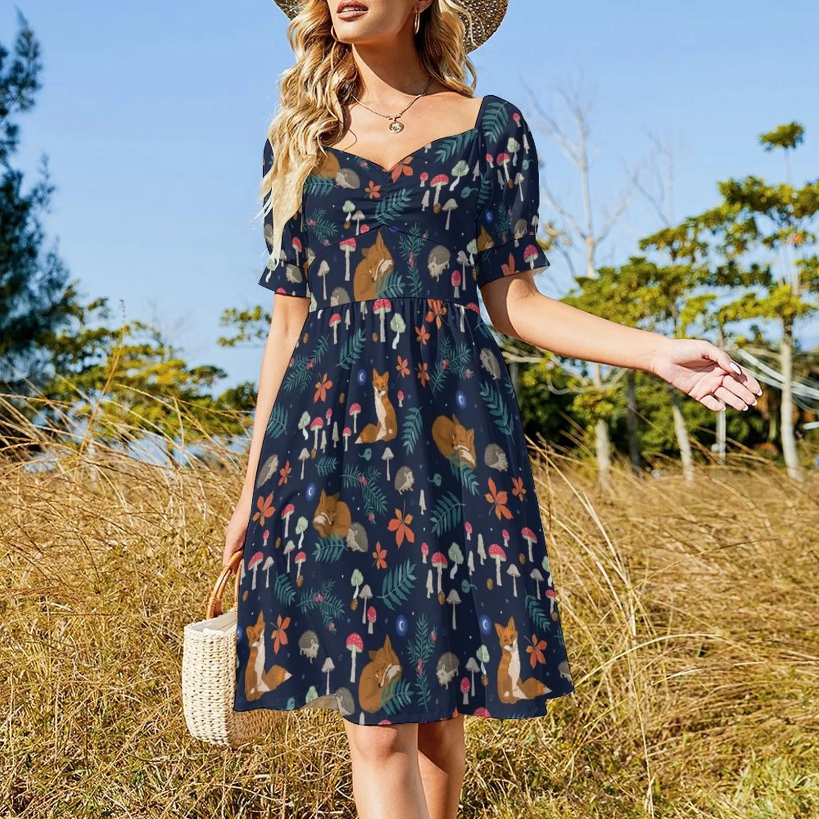 Mulheres Hibernação Woodland Animais e Toadstools vestido azul, vestidos de praia