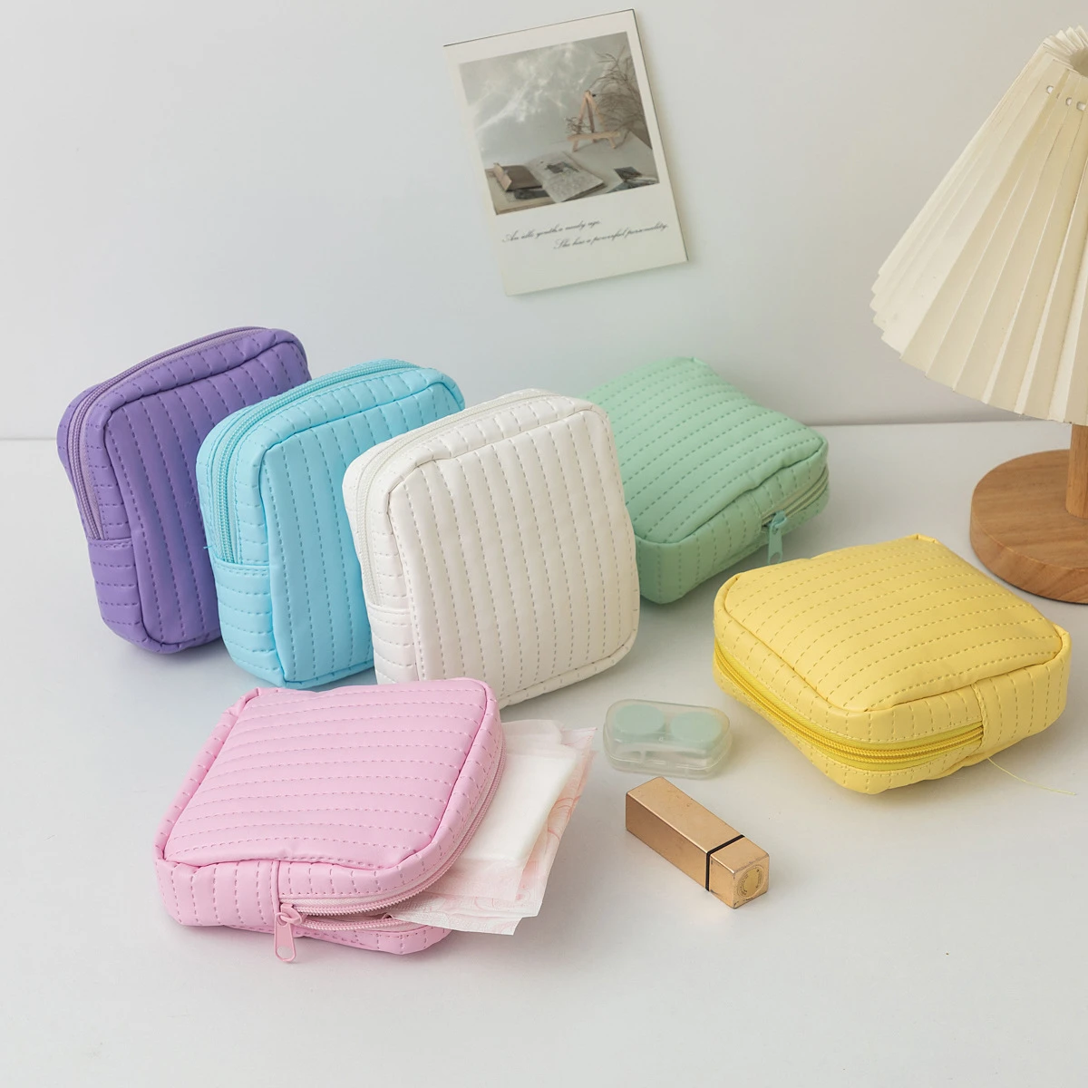 Cosmetic Bag Data Cable Headphone Lipstick Organizer Coin Purse Candy Color Leather Sanitary Pad Pouch Women Sanitary Pad Bag