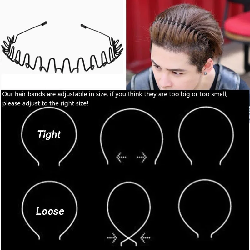 2팩 블랙 메탈 스프링 웨이브 헤어밴드, 남녀공용 미끄럼 방지 패션 스포츠 모자