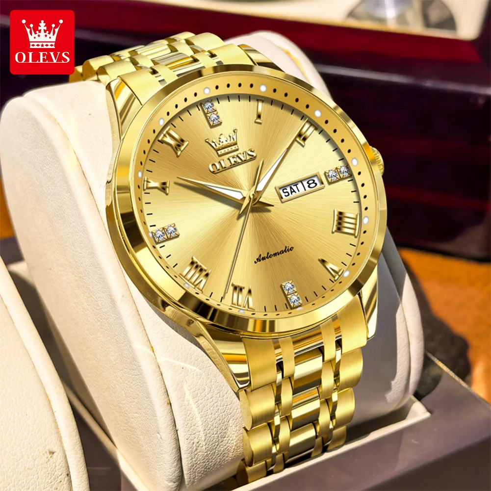 

OLEVS 7062 Luxury Fashion Original Mens Watch Gold Waterproof Dual Calendar Automatic Mechanical Watch Business Brand Wristwatch