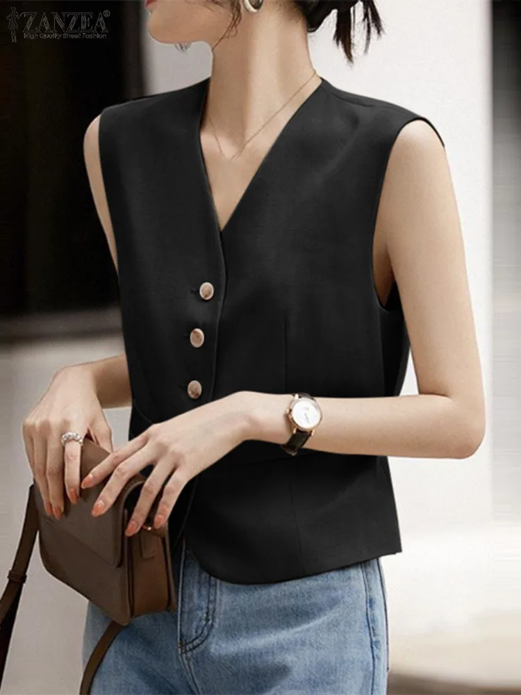 ZANZEA Women Sleeveless Suit Vests Fashion V-Neck Office Waistcoat 2024 Summer OL Solid Color Outwear Gilet Single-breasted Tops