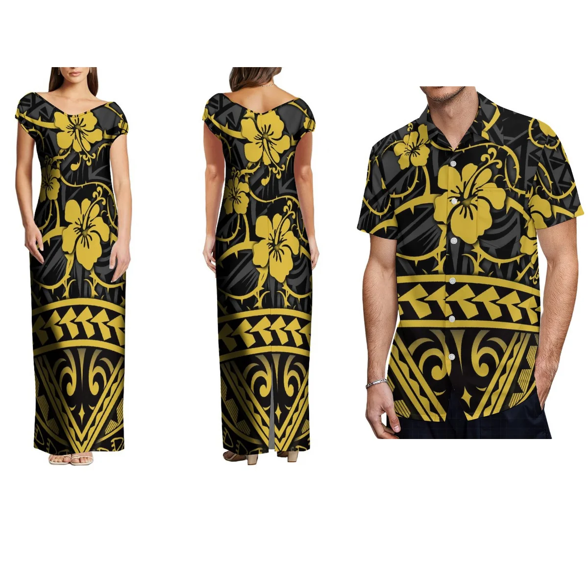 

Wholesale Custom Pacific Island Couple Clothing Summer Half Shoulder Short Sleeve Maxi Dress Men'S Casual Shirt Polynesian Print