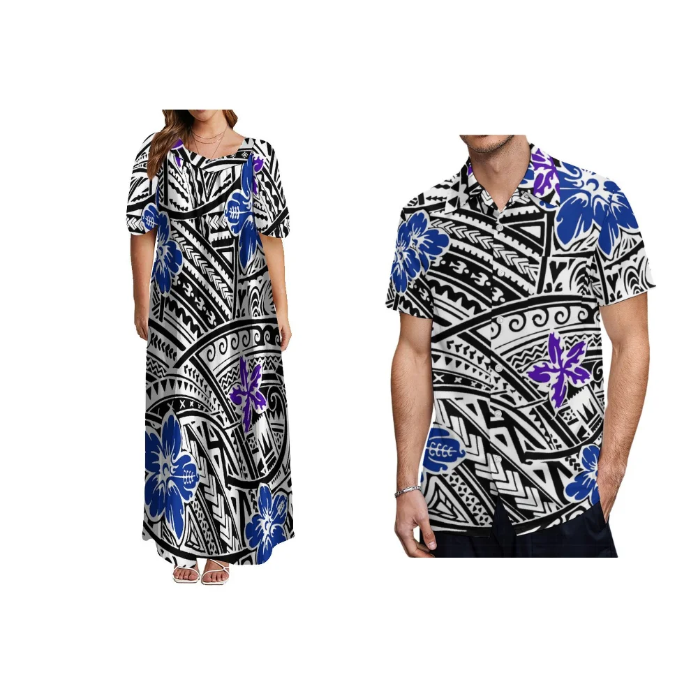 Polynesian Summer Couple Set New Mumu Square Collar Chicken Heart Dress Shirt Tribal Ethnic Style Fashion Women'S Wear