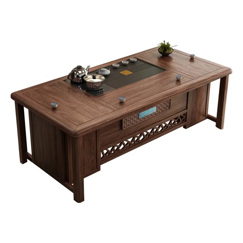 New Chinese walnut solid wood large board tea table and chair combination office solid wood tea table simple kung fu home tea ta