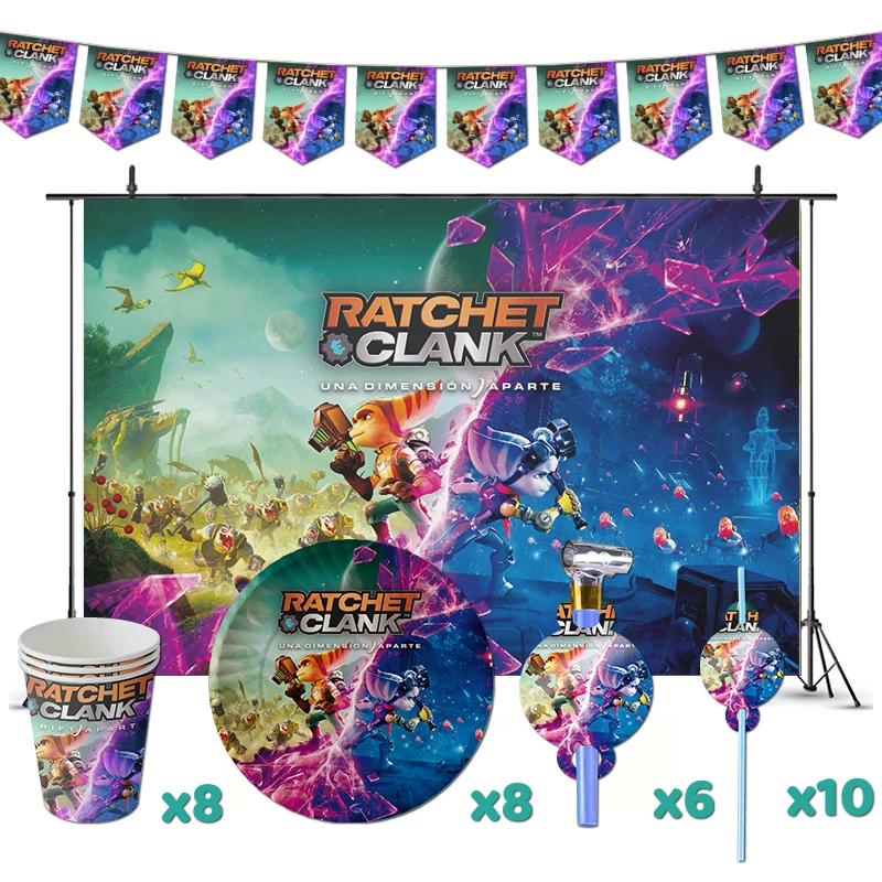 

Ratchet and Clank Birthday Party Decorations Rivet Theme Supplys Banner Cups Plates for Kids