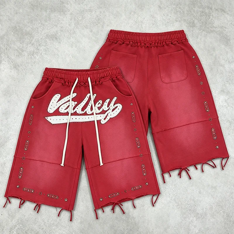 New Arrival VALLEY Men's Sweat Shorts Washed Vintage Faded Black Colorful Rhinestone Side Decor Drawstring Casual Shorts