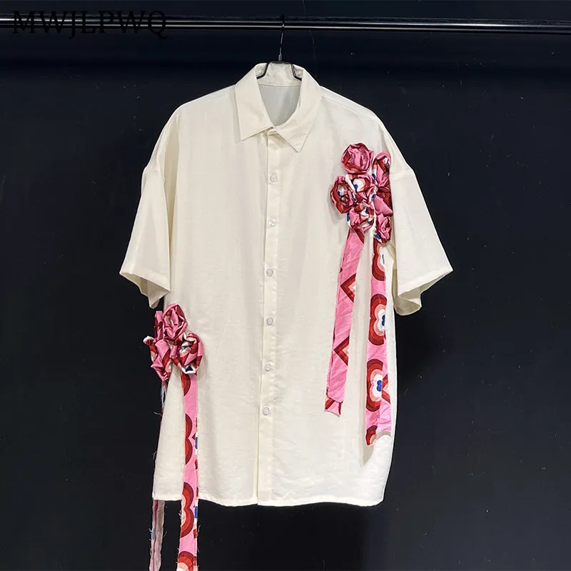 

MWJLPWQ 2025 New Short Sleeve Male Shirt Flower Lace Up Design Single Breasted Sense Unisex Loose Casual Tops Summer Trend 11133