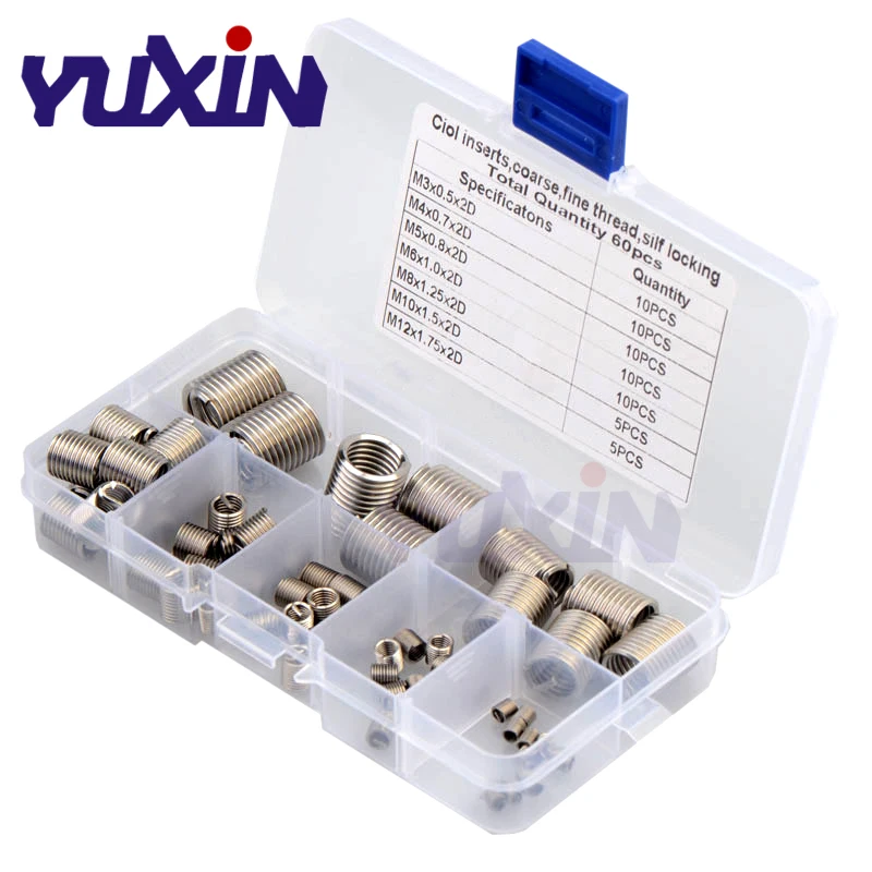 60pcs 304 Stainless Steel Helicoil Thread Repair Kit M3 M4 M5 M6 M8 M10 M12 Threaded Insert Tool Assortment Kit