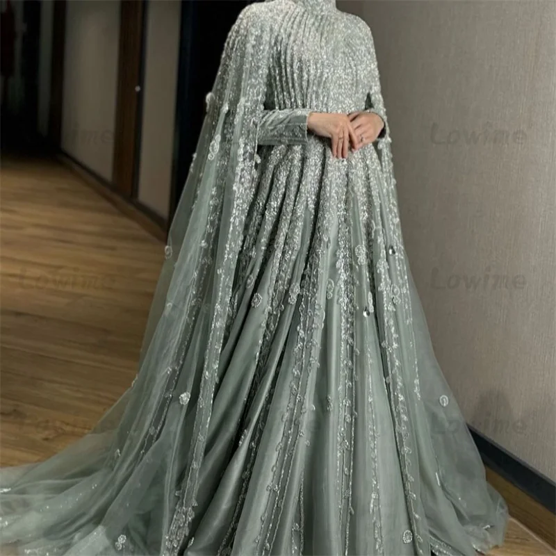 Muslim Formal Cape Sleeves Long Prom Dresses Robe Customized A Line Arabic Dubai Beaded Evening Gowns Party Dress Abendkleider