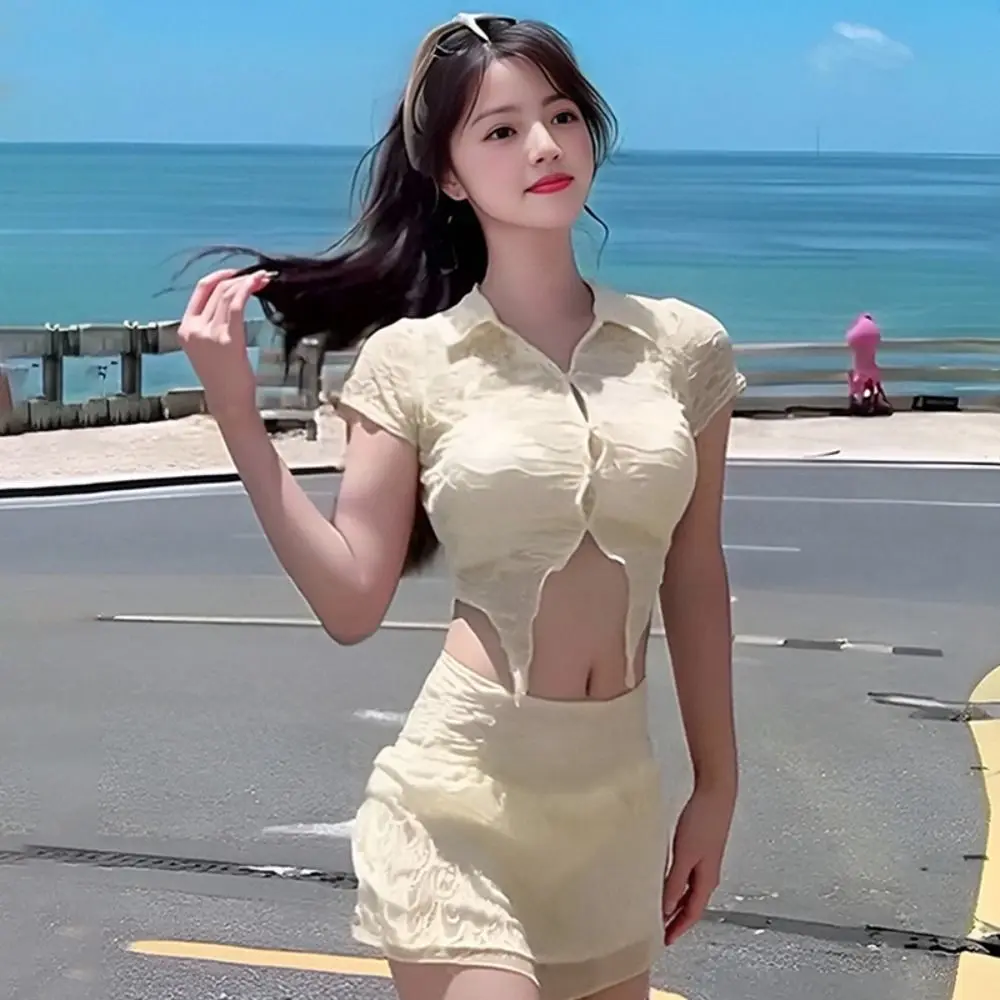 Fashion Short Sleeve Three-pieces Swimsuit Solid Ruffle Cover-Ups High Waist Push Up Bikini Set Swimming