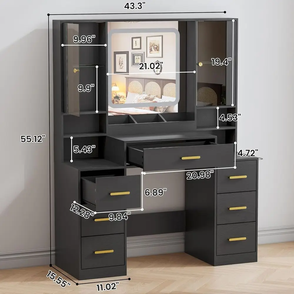Makeup Vanity Desk with 7 Drawers, 2 Glass Cabinets, Mirror, Lights, Charging Station, Adjustable Shelves, RGB Lighting, Holder view 2