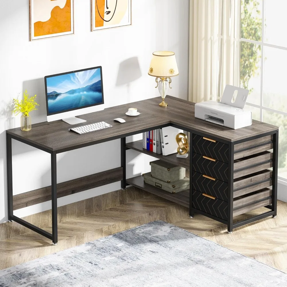 

Tribesigns L Shaped Computer Desk with Storage Drawers, 59 inch Corner Desk with Shelves, Reversible L-Shaped Office Desk