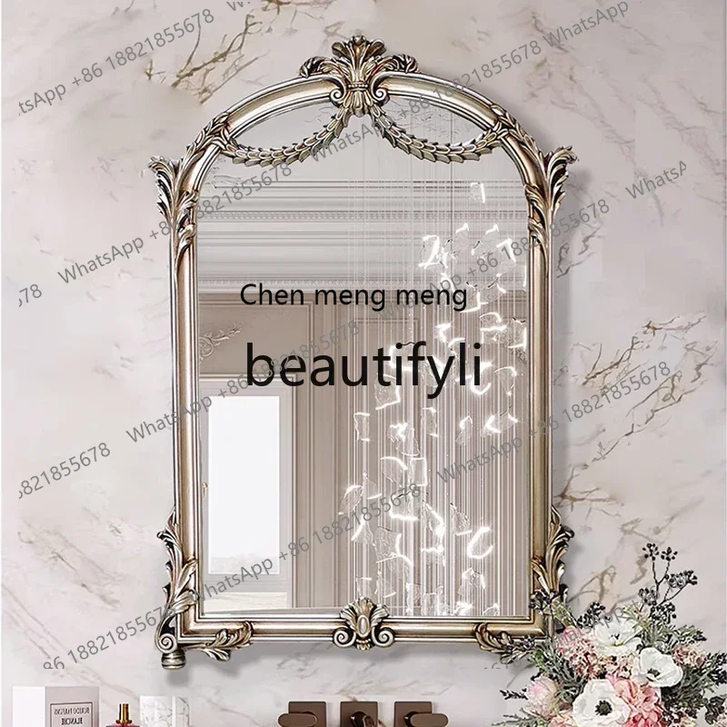 

French light luxury retro style bathroom mirror household wall hanging high definition all solid wood decorative mirror2936
