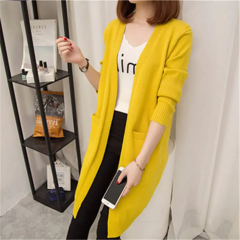 Mid to Long Length Sweater Jacket Women\'s Knitted Sweater Cardigan Spring and Autumn New Style Korean Loose Solid Color Top