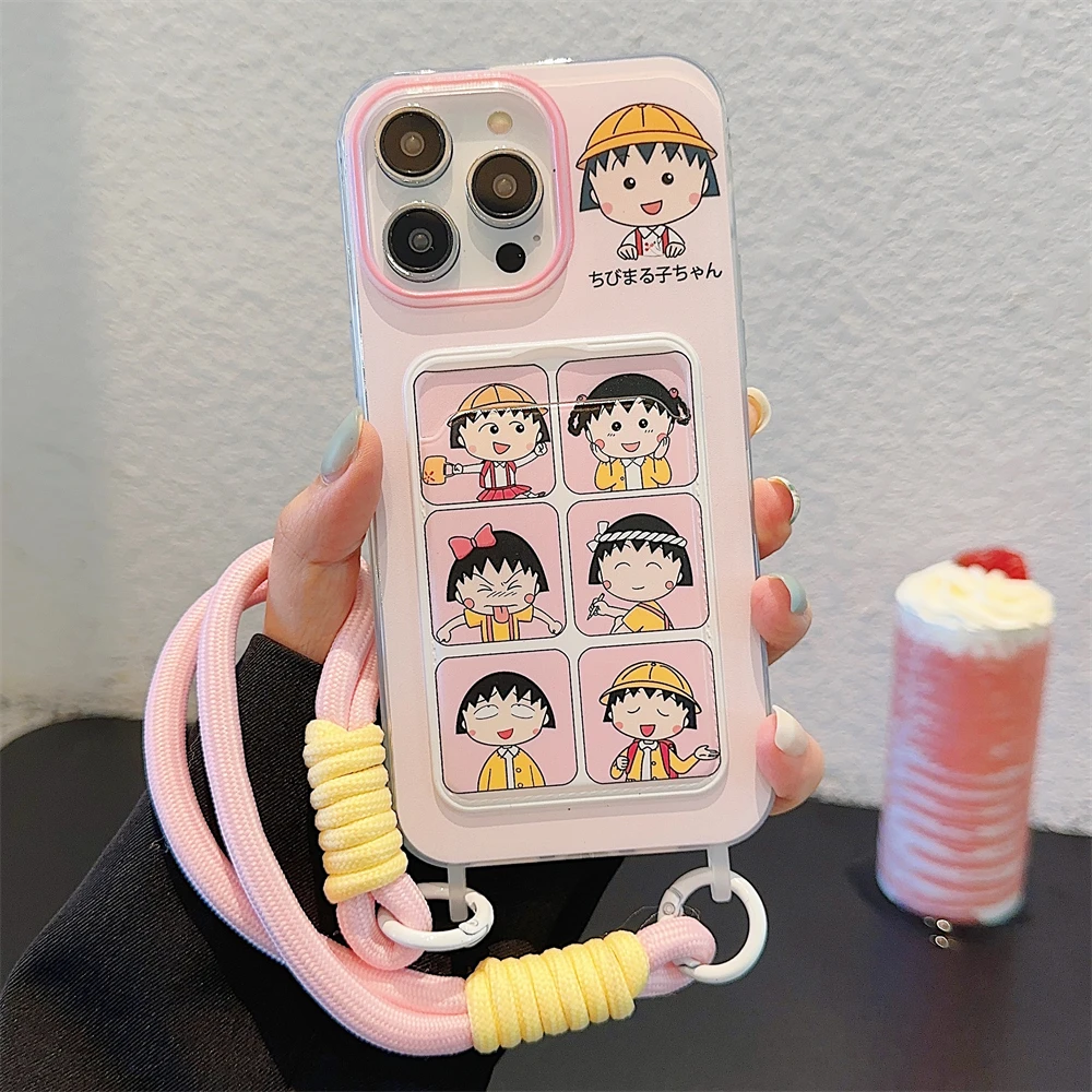 Japan anime cute hat girl Cherry Maruko-chan Pocket wrist strap silicone case for iphone 11 12 13 14 15 Pro Max protection cover