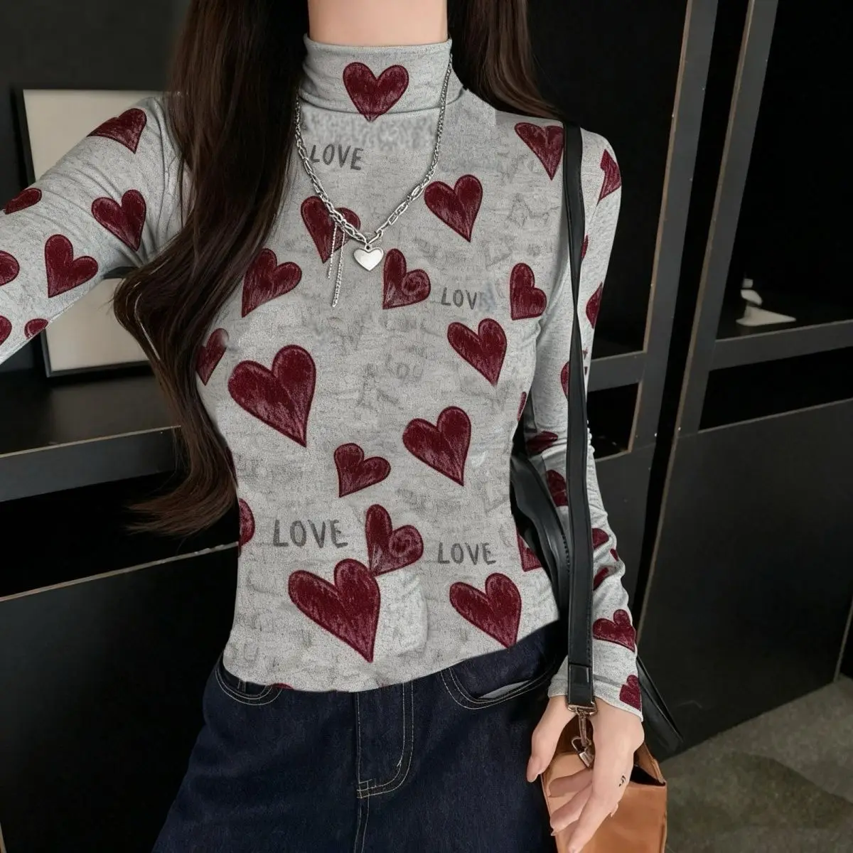 

Футболка с длинными рукавами и рисунком сердца, женская уличная одежда, свободный топ, удобная футболка с графическим рисунком, женская одежда в стиле Харадзюку