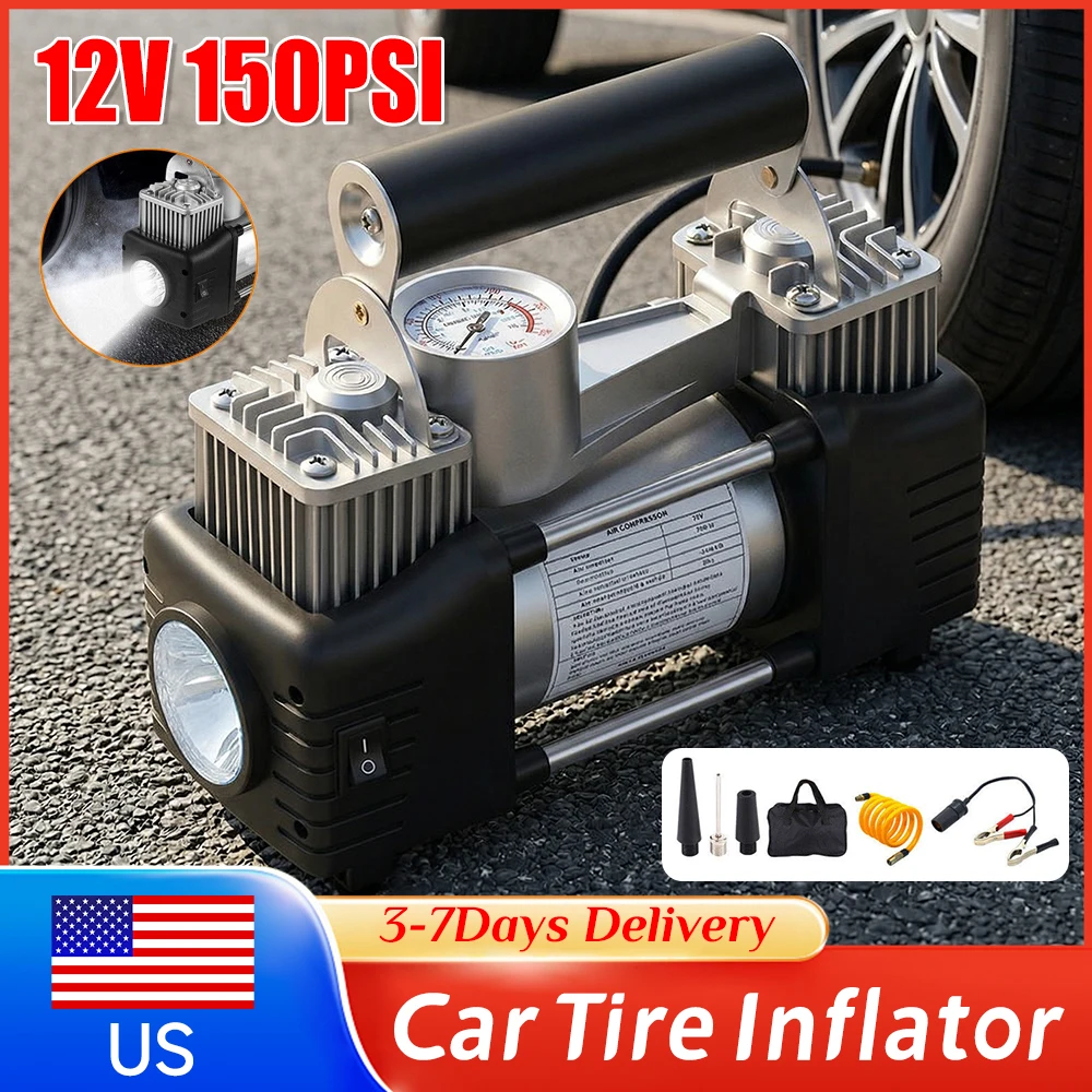 

Новый портативный автомобильный компрессор 12В для накачки шин, 150PSI, двухцилиндровый, для легковых и грузовых автомобилей