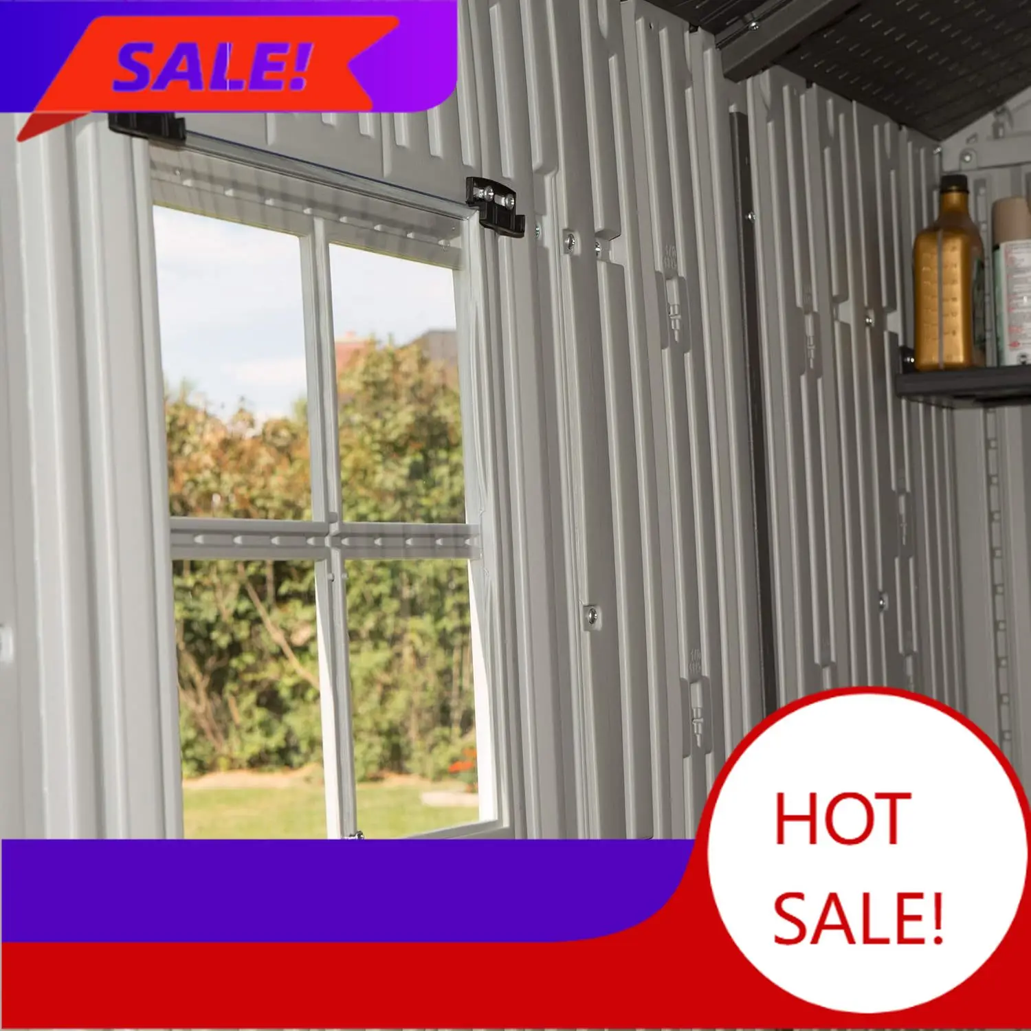 

Сарай для хранения на открытом воздухе 8 x 10 футов, конструкция из двухслойного HDPE, усиленная сталью, с окном и световым люком, запираемые двери, защита от УФ-излучения