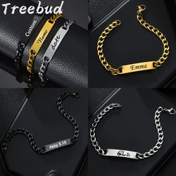 Treebud Custom Engraved Name Bracelets Stainless Steel For Women Men Kids Laser Engrave ID Tag Bracelet Family Gifts Jewelry