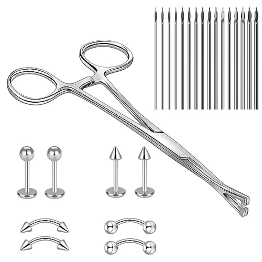 25Pcs Body Piercing Kit with Forceps Clamp, Piercing Needles & Mixed Jewelry for Ear Lip Septum Navel Tongue For Women Men