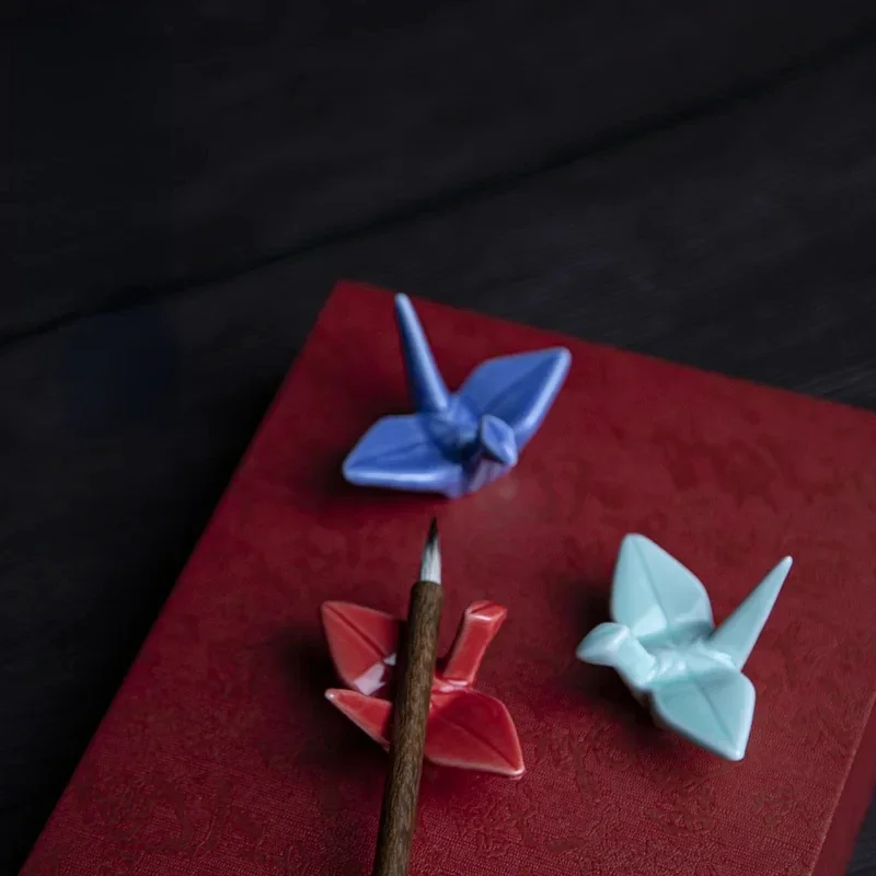 Ceramic Pen Rest Writing Brush Holder Chinese Calligraphy Paper Cranes Pen Holder for Watercolor Ink Painting Office Supplies