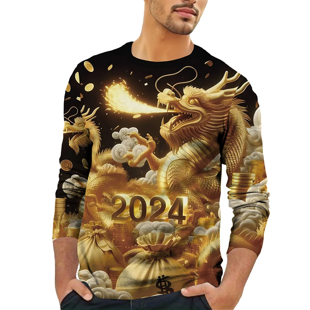 Round Neck Long Sleeve Gold Money 3D Digital Printing Casual Tee 2024 New Year T-shirt Men's Dragon Pattern Printed Clothing