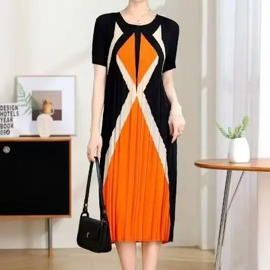 

Floral loose pleated orange half sleeved round neck dress women wedding dresses streetwear Loose