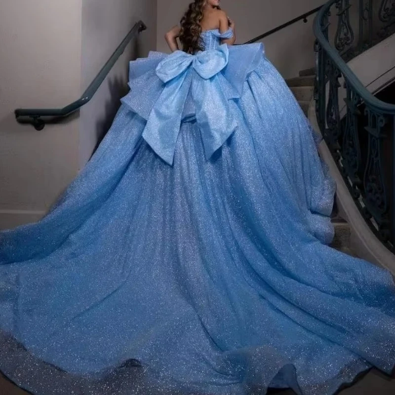 

Customized Elegant Sky Blue Quinceanera Dresses For Girls Beads Bow Ball Gown Women Birthday Party Prom Occasion Wear Vestido 15