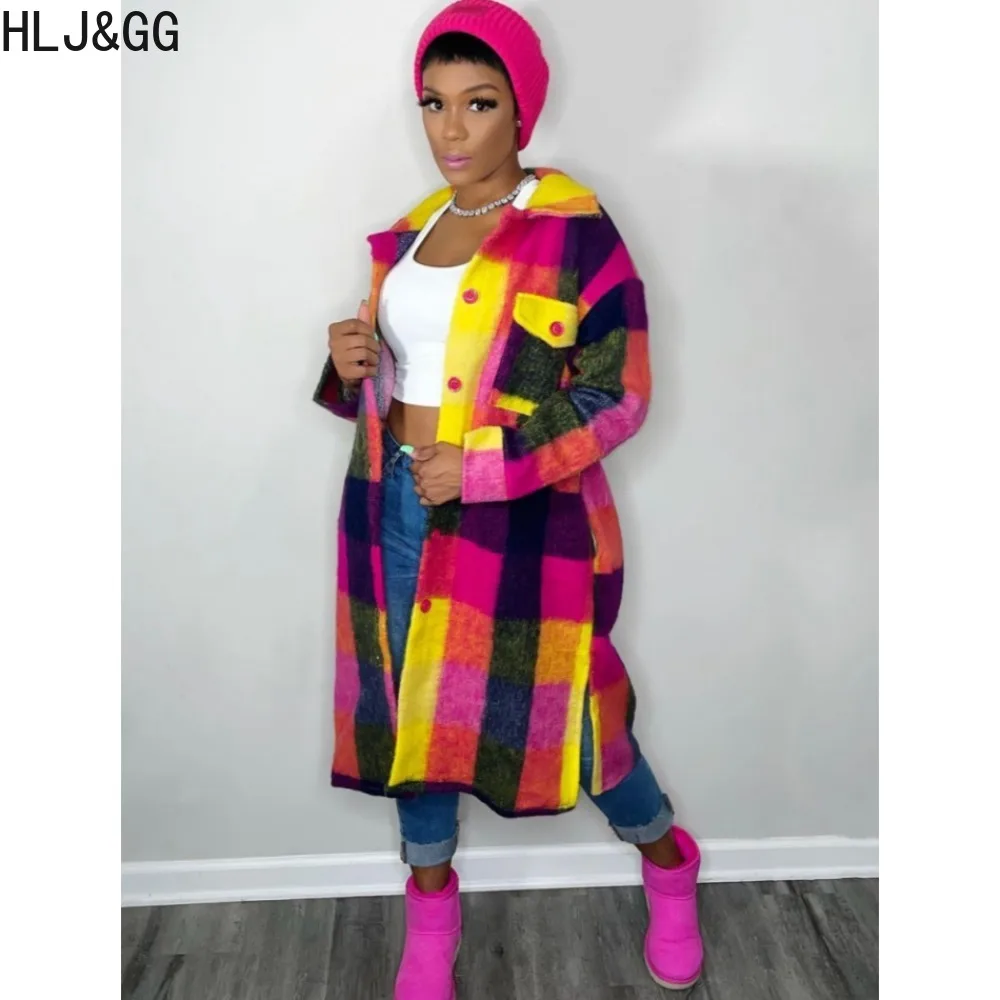 Hlj & gg Herbst Winter lässig Plaid druck lose Mantel Frauen Turndown Kragen Knopf Langarm Tops elegante Dame Kleidung