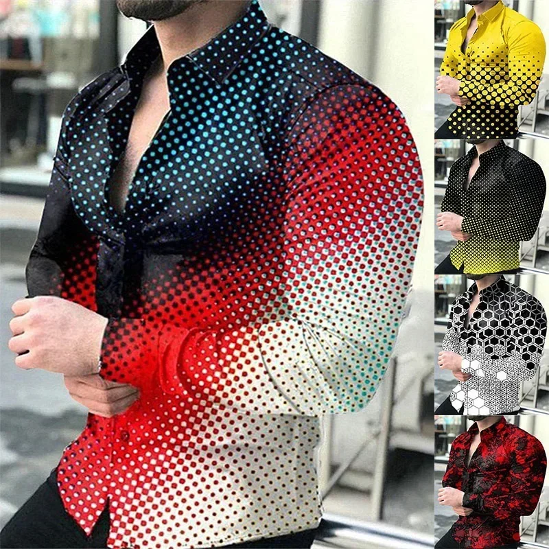 

2023 Spring and Autumn Long Sleeved Polo Neck Shirt Fashion Printed Casual Street Shirt Social Dance Shirt Male